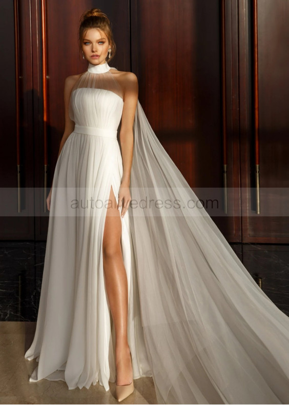 Halter Ivory Chiffon Tulle Slit Wedding Dress